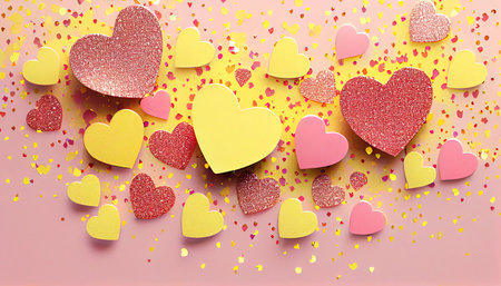 Pink and yellow hearts glitter confetti on a pink background. Generative AI.の素材