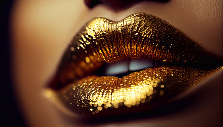Gold lipstick on a woman's lips, close-up. Generative AI.の素材