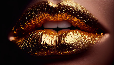 Gold lipstick on a woman's lips, close-up. Generative AI.の素材