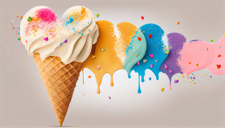Ice cream in a waffle cup, heart-shaped with colorful sprinkles. Generative AIの素材