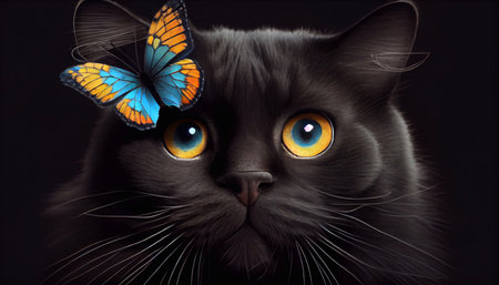 Portrait of a black cat with blue eyes and a butterfly.の素材