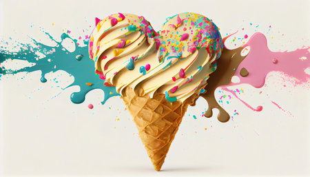 Ice cream in a waffle cup, heart-shaped with colorful sprinkles. Generative AIの素材
