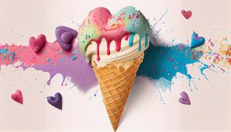 Ice cream in a waffle cup, heart-shaped with colorful sprinkles. Generative AIの素材