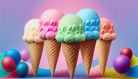 Multicolored ice cream in waffle cones, on a multicolored pleasant background, a place to copy. Generative AIの素材