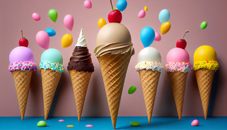 Multicolored ice cream in waffle cones, on pink background, a place to copy. Generative AIの素材