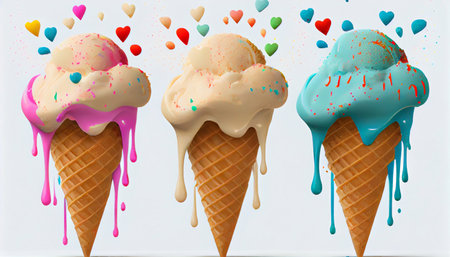 Multicolored ice cream in waffle cones, on white background, a place to copy. Generative AIの素材
