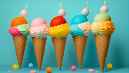 Multicolored ice cream in waffle cones, on a blue background, a place to copy. Generative AIの素材