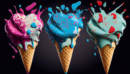 Multicolored ice cream in waffle cones, on a dark background, a place to copy. Generative AIの素材