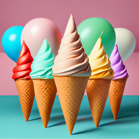 Multicolored ice cream in waffle cones, on pink background, a place to copy. Generative AIの素材