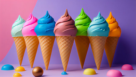 Multicolored ice cream in waffle cones, on a multicolored pleasant background, a place to copy. Generative AIの素材