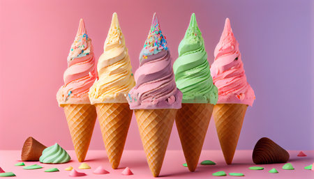 Multicolored ice cream in waffle cones, on a dark background, a place to copy. Generative AIの素材