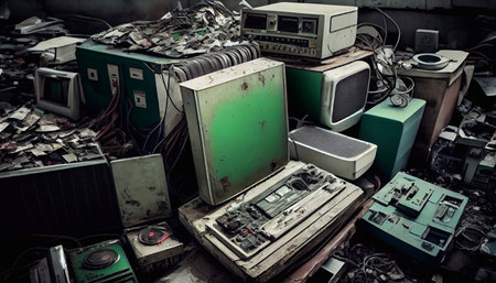 Electronics landfill. The concept of environmental protection. Generative AI.の素材