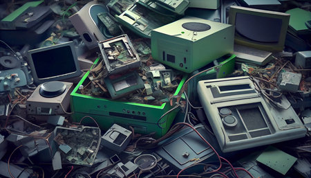 Electronics landfill. The concept of environmental protection. Generative AI.の素材