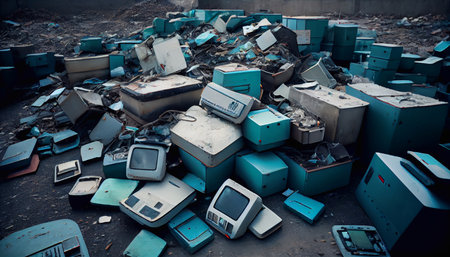 Electronics landfill. The concept of environmental protection. Generative AI.の素材