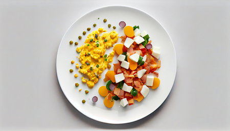 Scrambled eggs with vegetables, croutons and bacon, on a white plate, view from the top. Generative AI.の素材