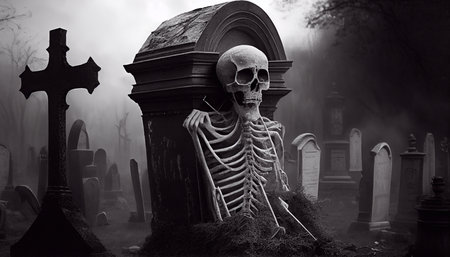 A skeleton in a cemetery. Generative AI.の素材