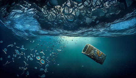 Plastic waste and trash under water in the ocean. Climate change, the concept of protecting the environment, and water resources. Generative AI.の素材
