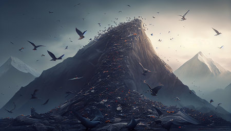 Mountains of garbage. Climate change, the concept of protecting the environment, and water resources. Generative AI.の素材