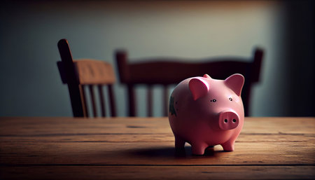 A pink piggy bank on an empty table. Generative AI.の素材