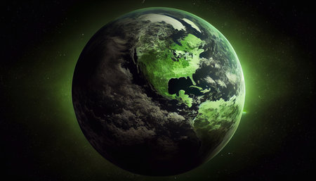 green planet earth. Climate change, the concept of protecting the environment, and water resources. Generative AI.の素材