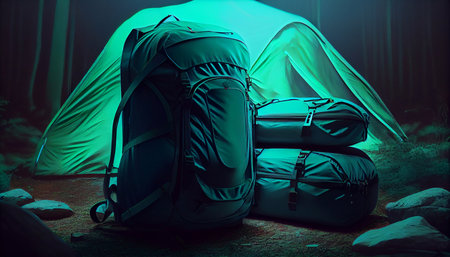 Travel bags in front of the camping tent. Generative AI.の素材