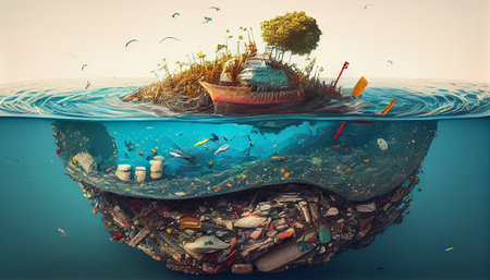 An island in the middle of the ocean of bottles, fishing nets, swim vests and plastic trash. Generative AI.の素材