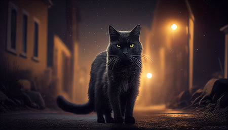 A black cat in the background of a street at night. Generative AI.の素材