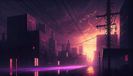 Futuristic city at night with neon lights. 3D renderingの素材