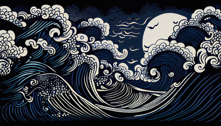 Stormy wave motif Indigo colour, Japanese style background. Generative AI.の素材