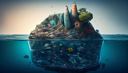 An island in the middle of the ocean of bottles, fishing nets, swim vests and plastic trash. Generative AI.の素材