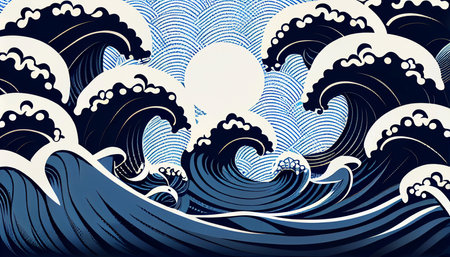Stormy wave motif Indigo colour, Japanese style background. Generative AI.の素材