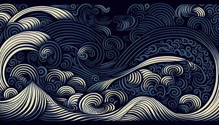 Stormy wave motif Indigo colour, Japanese style background. Generative AI.の素材