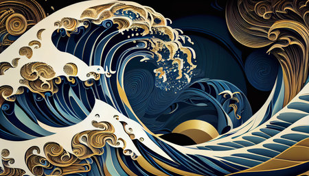 Stormy wave motif Indigo colour, Japanese style background. Generative AI.の素材