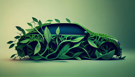A modern car made of green twigs and grass, the concept of environmental protection and green energy. Generative AI.の素材