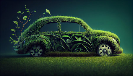 A modern car made of green twigs and grass, the concept of environmental protection and green energy. Generative AI.の素材