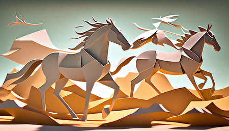 Horses galloping across the meadow, Paper art style. Generative AI.の素材