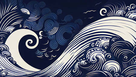 Stormy wave motif Indigo colour, Japanese style background. Generative AI.の素材