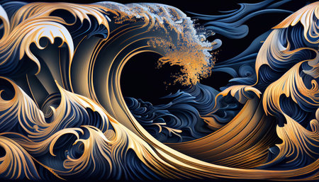 Stormy wave motif Indigo colour, Japanese style background. Generative AI.の素材