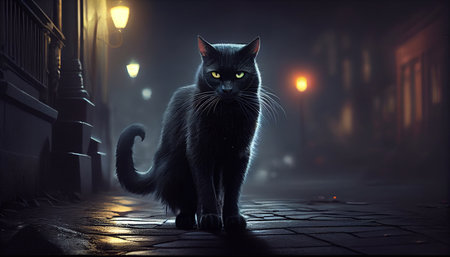 A black cat in the background of a street at night. Generative AI.の素材
