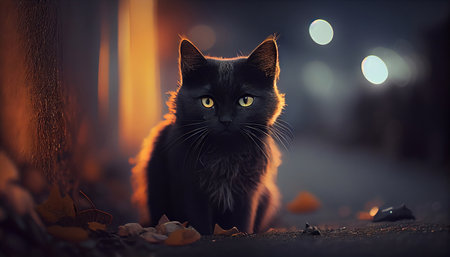 A black cat in the background of a street at night. Generative AI.の素材
