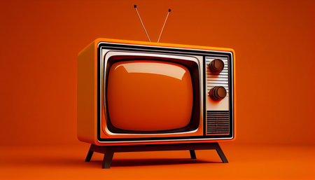 Black and white TV on an orange background. Generative AI.の素材