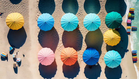 Beachy, colorful umbrellas on the beach, a bird's eye view. Generative AI.の素材
