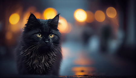 A black cat in the background of a street at night. Generative AI.の素材