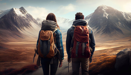A pair of hikers with backpacks on their backs against a mountainous landscape. Generative AI.の素材