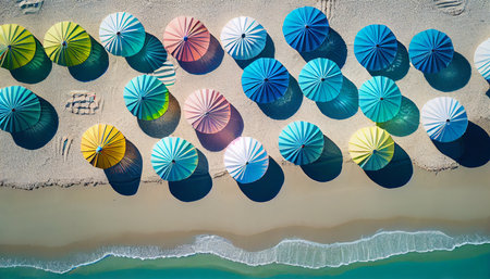 Beachy, colorful umbrellas on the beach, a bird's eye view. Generative AI.の素材