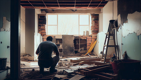 An illustration of a man making repairs to a room. Generative AI.の素材
