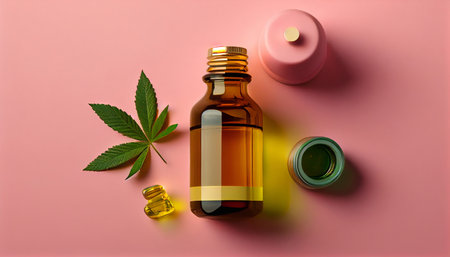Glass bottles of CBD oil, THC tincture, for medical use. Generative AI.の素材