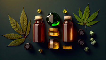Glass bottles of CBD oil, THC tincture, for medical use. Generative AI.の素材