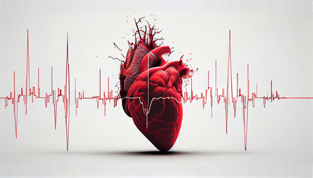 Illustration of the human heart and cardiogram, on a white background. Generative AI.の素材