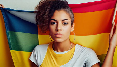Illustration of a lesbian in front of an LGBTQ flag. Generative AI.の素材